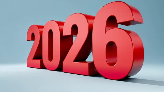 Dynamic transformation: 2026 bold red numbers transition on blue background