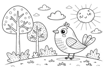 Adorable cartoon bird enjoying a sunny day in a whimsical forest scene with simple line art style perfect for kids coloring pages and activities