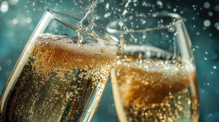 Cheers to celebrations! Sparkling glasses clink, bubbles rise in a toast. Festive atmosphere captured with bubbly liquid. © ABF_MATEO