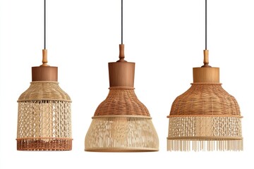 Three woven pendant lamps with natural wood accents.