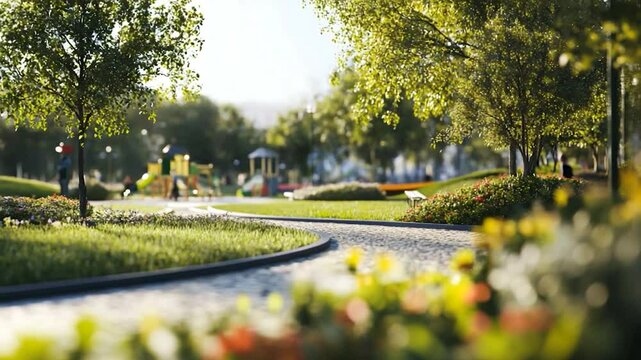 Vibrant park scene with children playing, walking paths, and blooming flowers