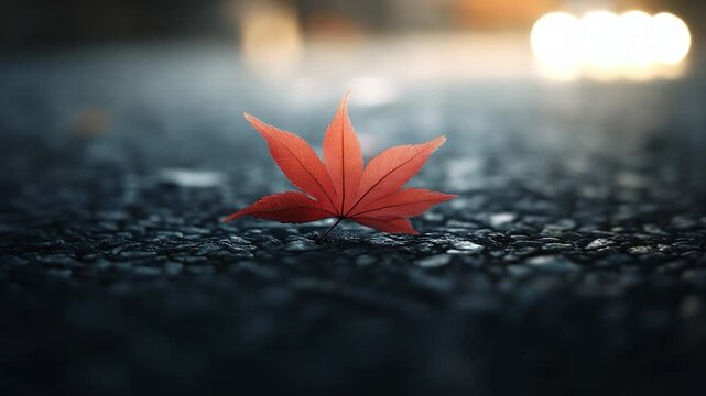 Vibrant red maple leaf resting on a textured asphalt surface at dusk
