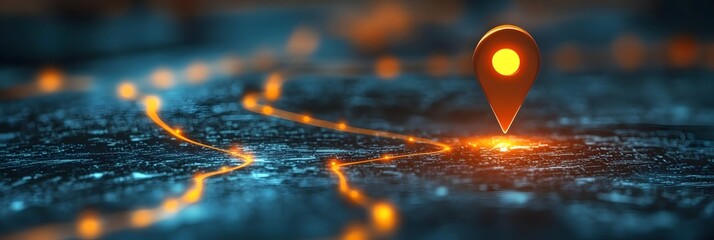 Navigational Beacon: An artistic, luminous visualization of location pinpointing, showcasing a vibrant glowing navigation marker and trails over a blurred background.