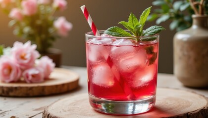 rose drink with mint, ice glass, relaxing evening refreshment