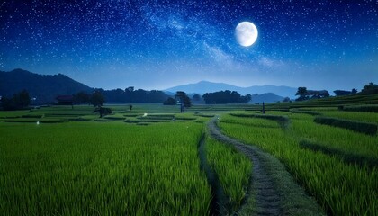 Japanese Countryside Under the Starry Summer Sky – Rice Fields and Rural Path at Night