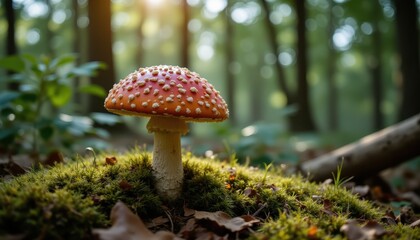 colorful toadstool in wild forest, fantasy nature concept, magical mushrooms