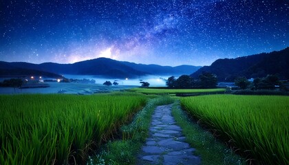 Japanese Countryside Under the Starry Summer Sky – Rice Fields and Rural Path at Night