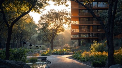 Obraz premium Serene Urban Oasis at Dusk with Modern Architecture and Nature