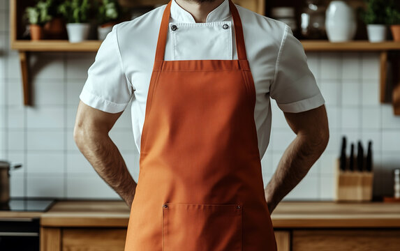 Chef kitchen apron. Chef cook in uniform, kitchen apron, protective apparel, culinary environment, food service setting, chef in kitchen interior, apron mock-up. Realistic style photo.