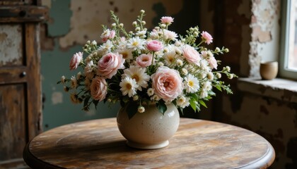 floral arrangement on antique wood table, rustic charm, vintage decor