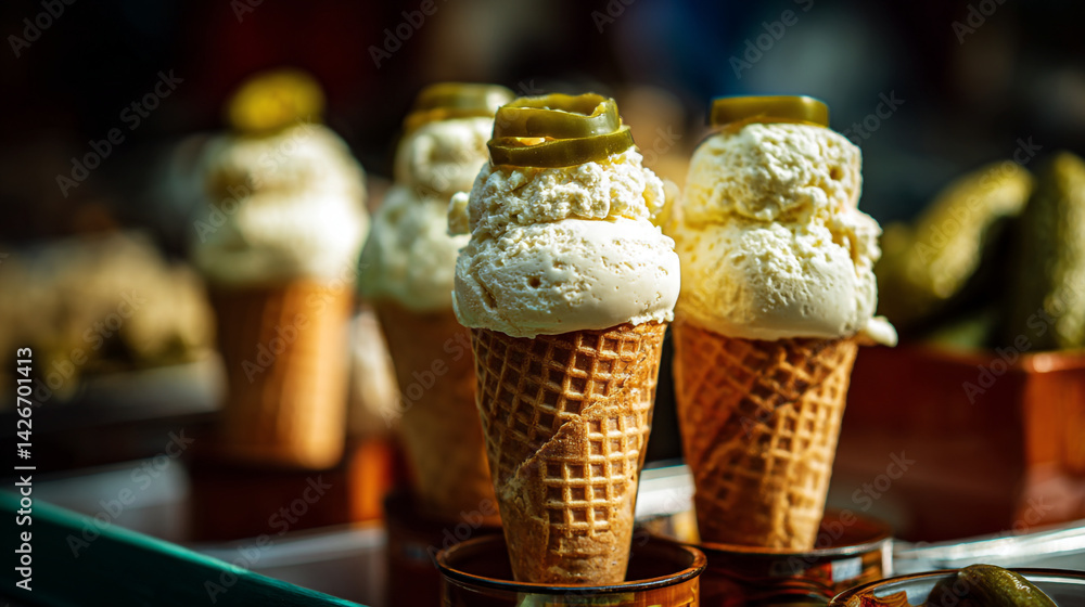 Poster close up of ice cream cones with scoops of ice cream and sliced pickles on top on a blurred backgrou