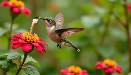 Fototapeta premium Scaly breasted hummingbird feeding on flower, mid flight, tropical flora, vibrant bird detail, photo realistic wildlife image