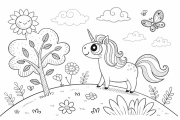 Obraz premium Adorable unicorn in a whimsical flower garden a magical black and white coloring page with a sweet happy vibe Simple line art perfect for kids