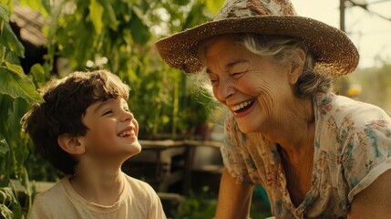 Joyful Child and Grandmother Sharing a Laugh in a Sunlit Garden