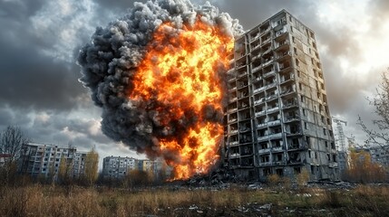 Explosive Destruction of Abandoned Building Surrounded by Overcast Skies and Autumn Trees