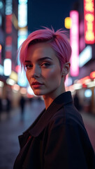 Obraz premium A young woman with pink hair looks directly at the camera, with a nighttime street scene. She exudes confidence and style.