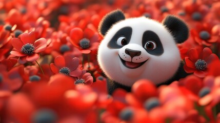 Fototapeta premium A 3D illustration of a smiling panda surrounded by a vibrant field of red flowers.