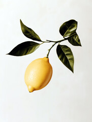 Elegant Minimalist Bergamot Lemon Illustration with Branch and Leaves on White

