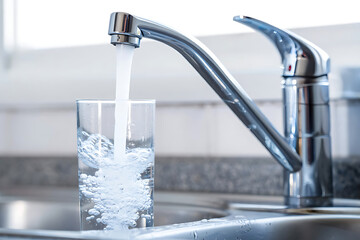 Pouring clean, refreshing water into a clear glass from a sleek modern kitchen faucet, promoting daily hydration and a healthy lifestyle.