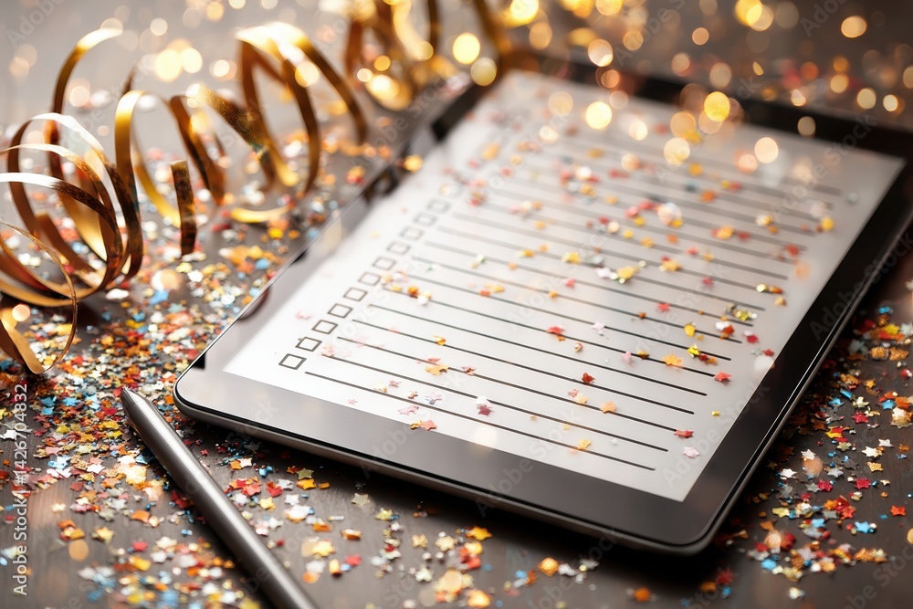 Poster Healthy Checklist Displayed on Tablet Surrounded by Confetti and Sparkles in Festive Atmosphere