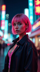 Obraz premium Stylish woman with pink hair posing in a vibrant, neon-lit street setting