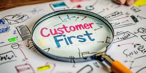 Customer-centric concept with magnifying glass on a sketchpad.