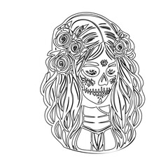 Sugar Skull Outline Art With Floral Headdress