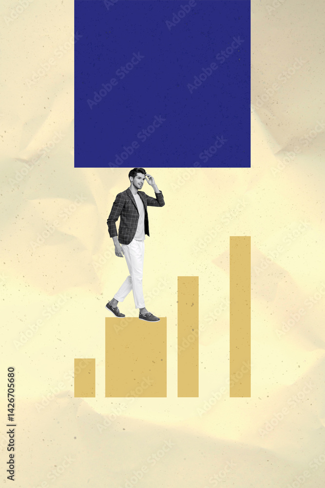 Poster composite collage of person walk big graphs under square shape on yellow background