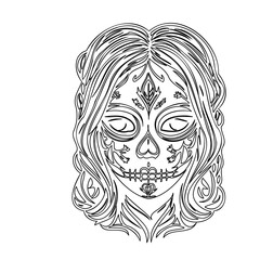 Elaborate Sugar Skull Woman Ink Line Art Design