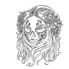 Sugar Skull Face with Flowers line art on white