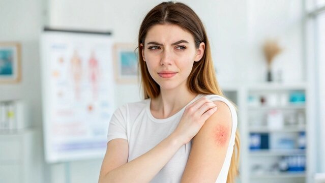 woman itching and scratching itchy arm. Sensitive Skin Allergic reaction to insect bite, food, drug dermatitis. Dermatology, Leprosy day