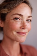 person with everyday makeup smiles gently against softly blurred background with ample copy space