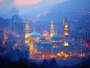 Mosque at Night with Crowd and Cityscape