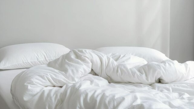 Unmade bed with white sheets and pillows in natural light