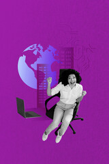 Poster sketch image vertical collage of happy real estate agent man girl sit office apartment building earth icon surf laptop