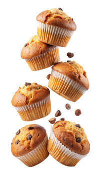 Delicious chocolate chip muffins floating in the air against a transparent background