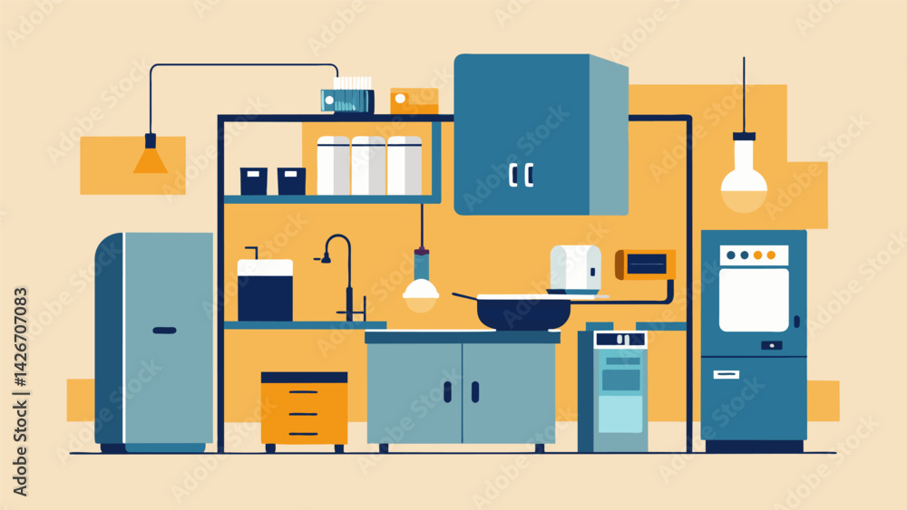 Poster several modular kitchen components including cabinets and appliances being installed and connected t