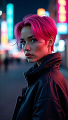 Fototapeta premium A portrait of a woman with pink hair standing in a city street at night. She is looking at the camera