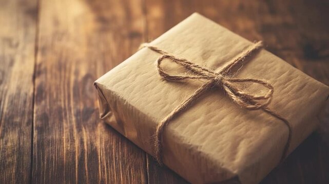 Wrapped gift box on wooden table with rustic background setting