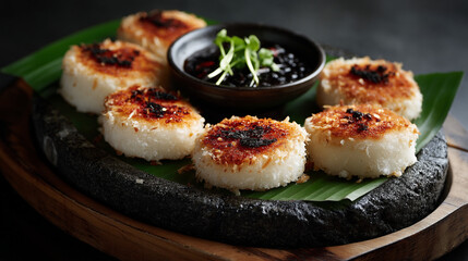 A platter of toasted rice cakes with a dark sauce and sprouts garnish on a banana leaf and stone tray