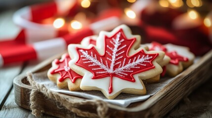 Maple leaf cookie with red and white icing on a wooden tray, celebrating Canada Day with festive charm.