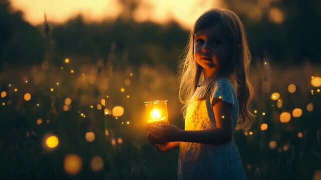 Young girl holding a glowing jar in a twilight meadow filled with fireflies