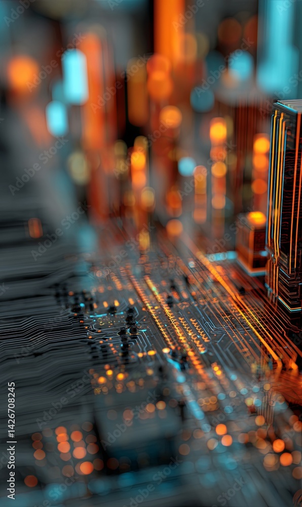 Poster digital circuitry illuminated with vibrant colors at close range