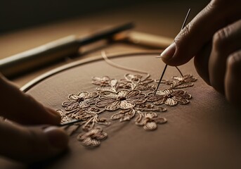 Obraz premium Close-up of Hands Skillfully Embroidering Delicate Floral Design
