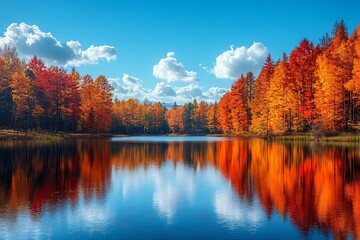 Obraz premium Vibrant autumn trees reflecting on calm lake under blue sky with clouds