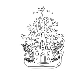 Whimsical Haunted Castle Sketch, Halloween Theme