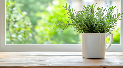 Fototapeta premium Fresh Rosemary In White Mug On Wooden Table With Window Background