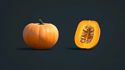 Whole And Half Orange Pumpkin On Dark Background