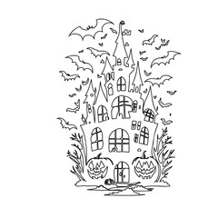 Creepy Halloween Castle Outline Illustration