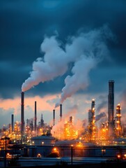 Obraz premium Industrial Oil Refinery Illuminated at Dusk With Glowing Smokestacks and Rich Colors in the Sky